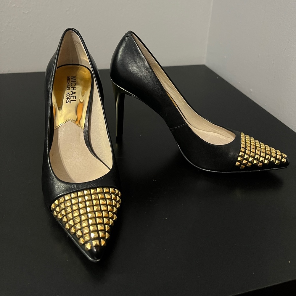 Michael Kors Black Heels with Gold Design.
